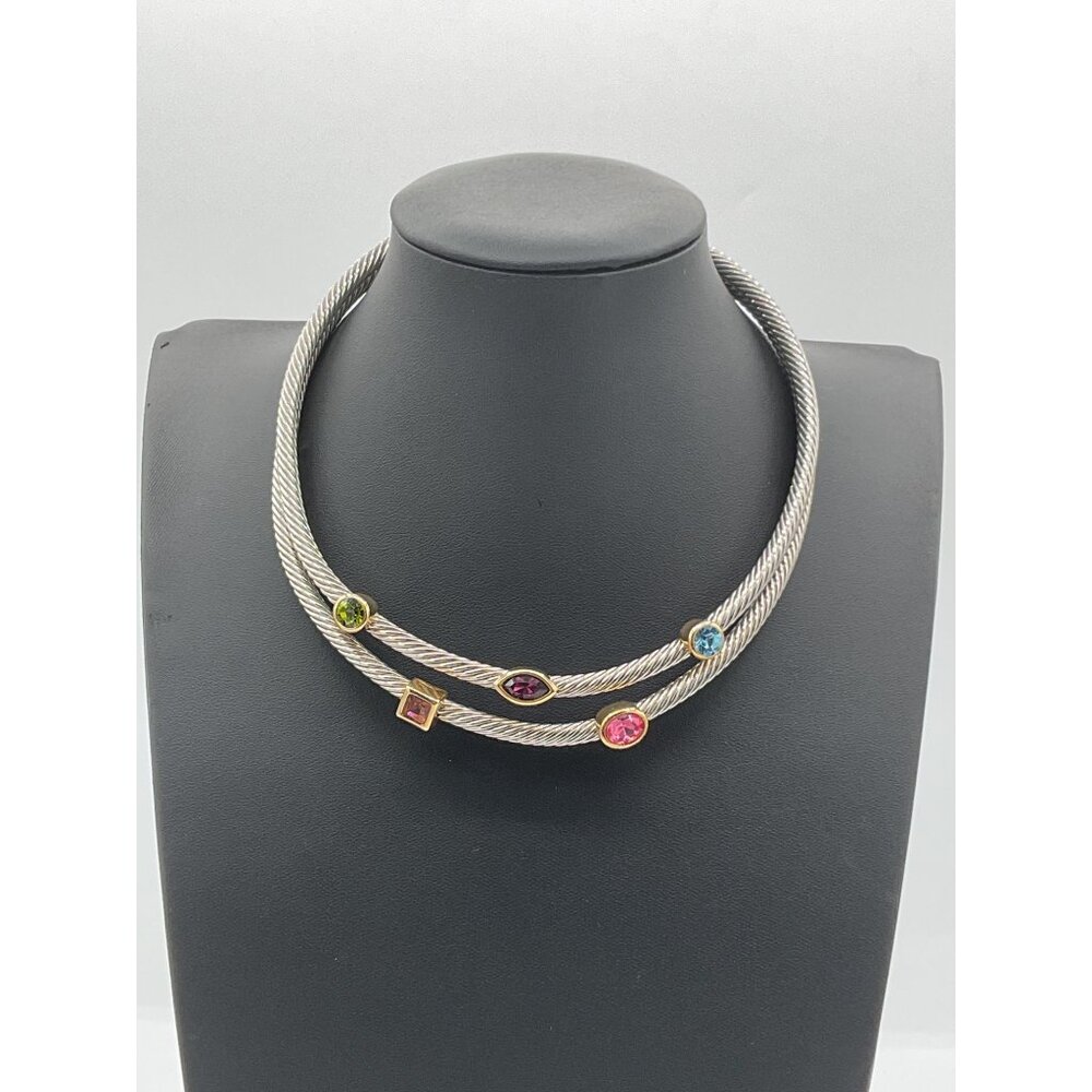 Silver Cable Collar Bezel Set Station Multi Color Confetti Gem Stones Open Ended